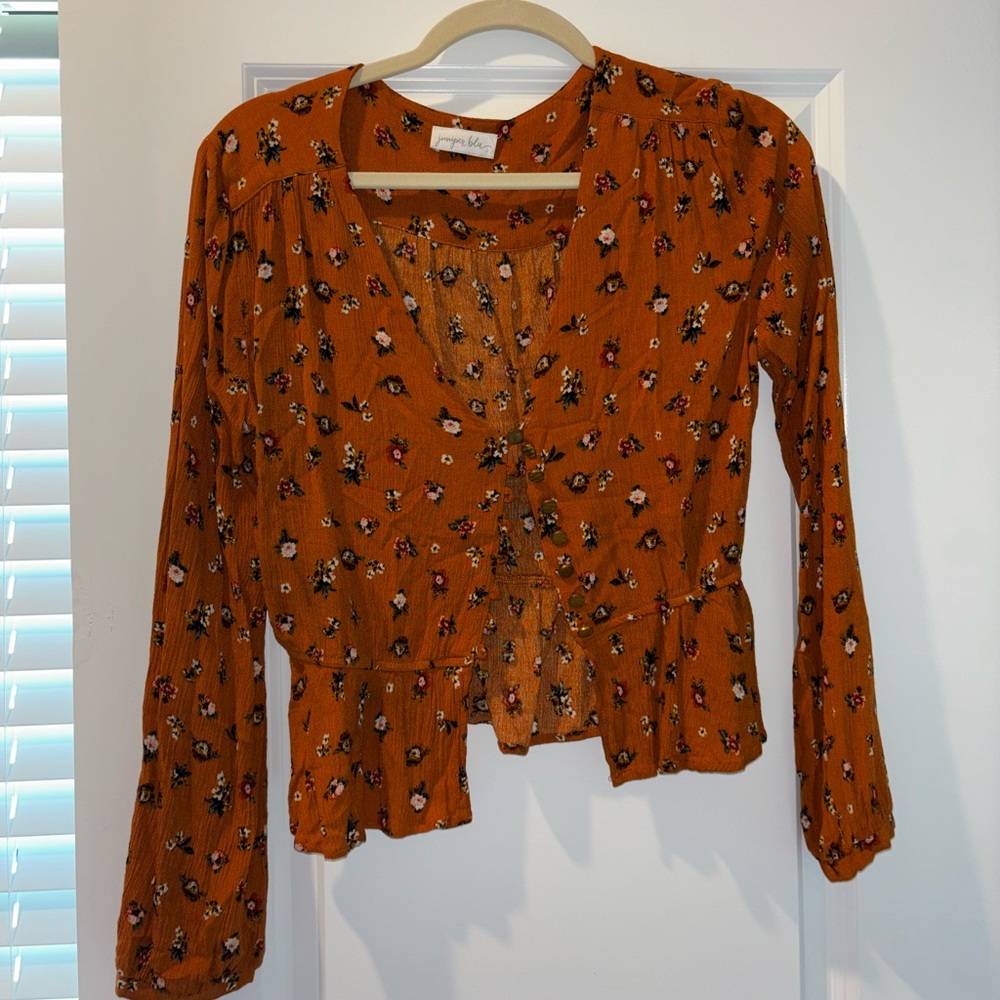 Rust Floral Button Up Cropped Blouse